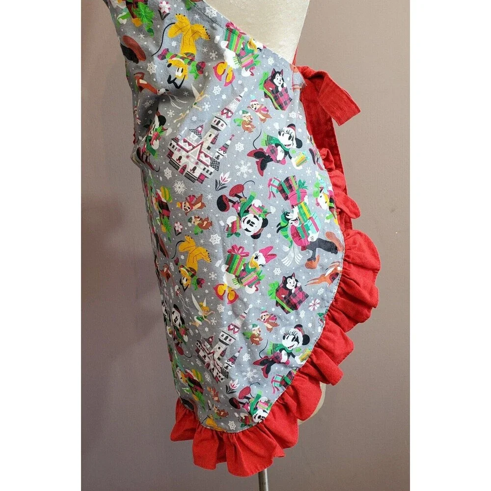 Disney Parks Christmas Apron Red Gray Ruffle Heart Pocket Cross Back Straps Full